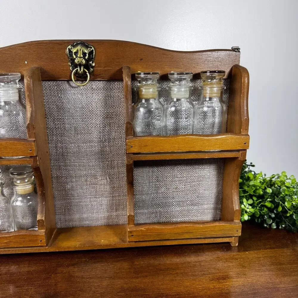 Vintage Wood Spice Rack Set 8 Bottles Brass Lion Decor Wall or Shelf